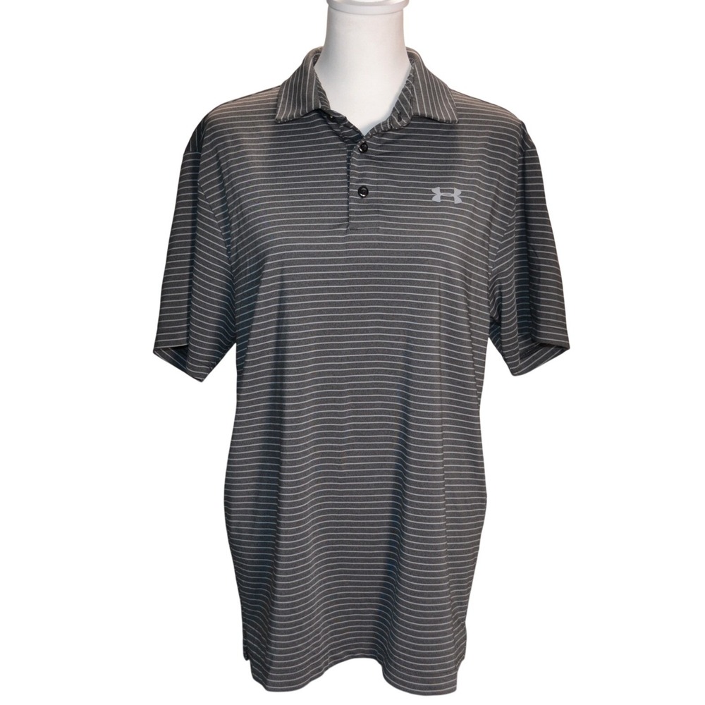 Under Armour Polo Shirt Mens Medium Gray Striped Excellent HeatGear Active Loose